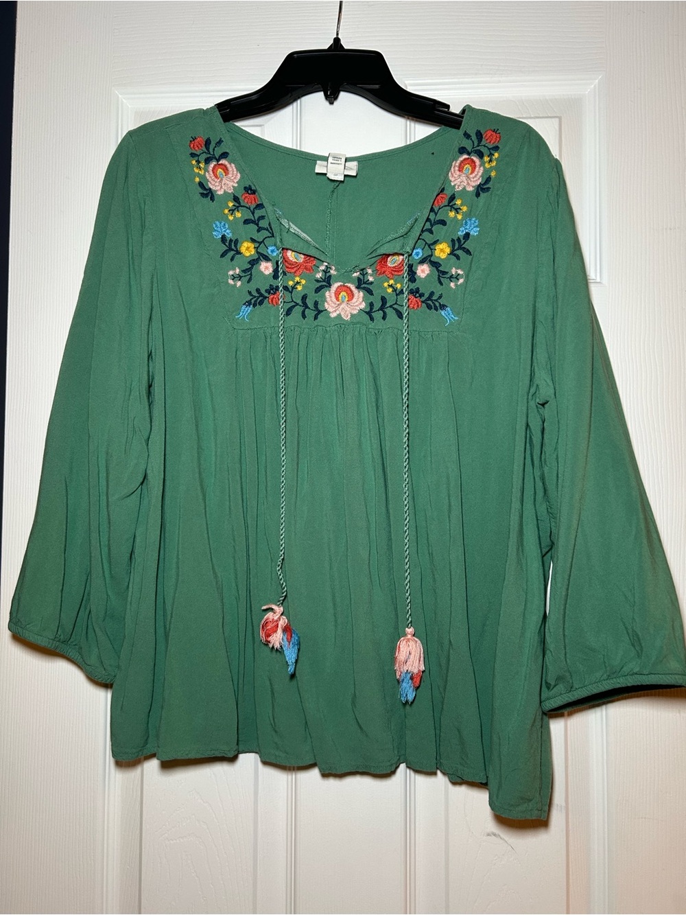 St. John's Bay Green Embroidered Peasant Tunic with Tassels